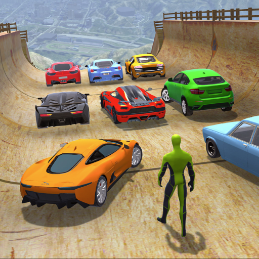 Thrilling adventure of car stunts on a mega ramp, capturing the excitement and adrenaline rush of high-speed racing challenges.