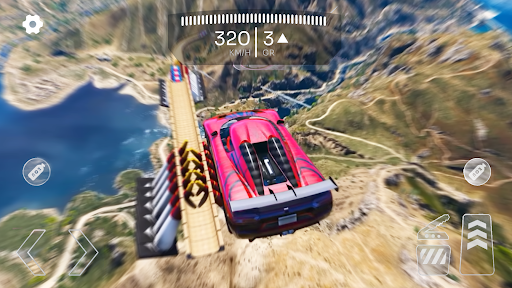 Thrilling adventure of car stunts on a mega ramp, capturing the excitement and adrenaline rush of high-speed racing challenges.