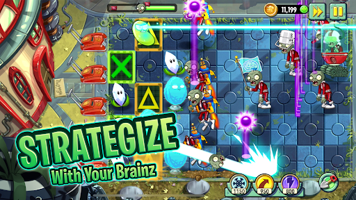 A thrilling battle between colorful plants and quirky zombies, depicting the exciting and humorous theme of Plants vs Zombies 2.