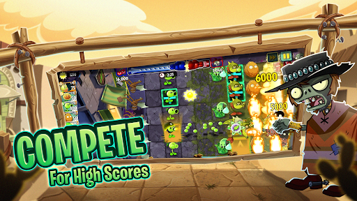 A thrilling battle between colorful plants and quirky zombies, depicting the exciting and humorous theme of Plants vs Zombies 2.