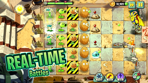 A thrilling battle between colorful plants and quirky zombies, depicting the exciting and humorous theme of Plants vs Zombies 2.