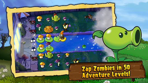 A vibrant and humorous battle scene from Plants vs Zombies, showcasing quirky plants defending against a wave of funny, animated zombies. A playful depiction of strategy and defense in a colorful garden setting.