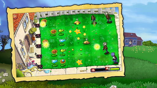 A vibrant and humorous battle scene from Plants vs Zombies, showcasing quirky plants defending against a wave of funny, animated zombies. A playful depiction of strategy and defense in a colorful garden setting.