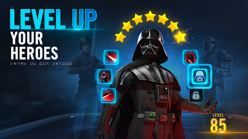 A thrilling Star Wars battle scene, capturing the excitement and strategy of Galaxy of Heroes.