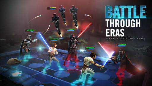 A thrilling Star Wars battle scene, capturing the excitement and strategy of Galaxy of Heroes.