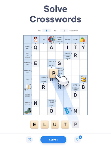 A person joyfully solving a crossword puzzle on a tablet, surrounded by a thoughtful, calm atmosphere, symbolizing the fun and cognitive challenge of word games.