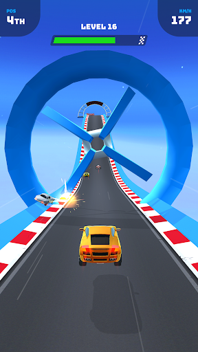 An exhilarating car racing scene, capturing the thrill, speed, and excitement of Race Master 3D, with vibrant colors and action-packed visuals to engage the viewer emotionally.