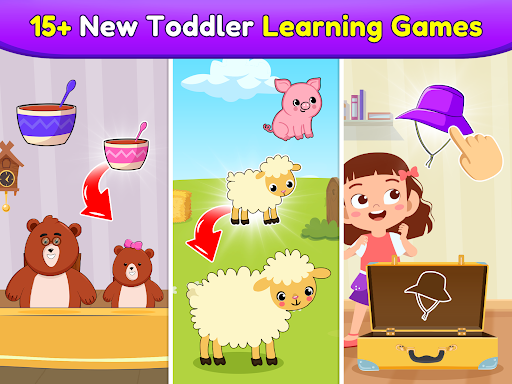 A joyful toddler engaged in an educational game, learning with colorful graphics and cheerful sounds.