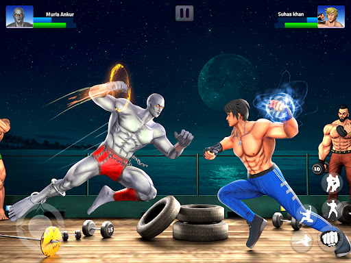 A dynamic and intense scene from the Gym Fighting Game, capturing the essence of action and strategy as fighters face off in a detailed arena.