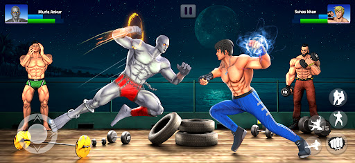 A dynamic and intense scene from the Gym Fighting Game, capturing the essence of action and strategy as fighters face off in a detailed arena.