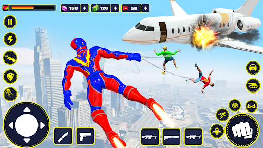 A dynamic scene depicting a heroic robotic figure soaring over a cityscape, exuding a sense of adventure and justice.