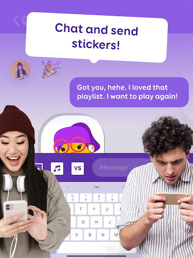 A player eagerly tapping their phone screen, immersed in a lively music trivia game, with a joyful expression showing excitement and engagement.