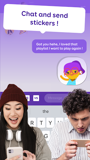 A player eagerly tapping their phone screen, immersed in a lively music trivia game, with a joyful expression showing excitement and engagement.