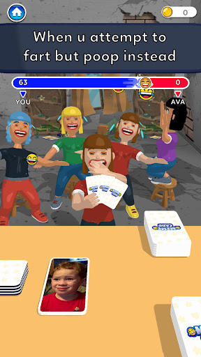 A group of friends laughing while playing a digital meme card game, capturing a moment of joy and connection.