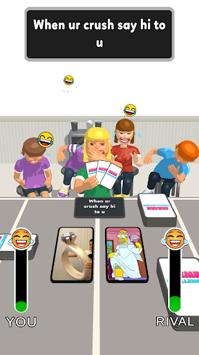 A group of friends laughing while playing a digital meme card game, capturing a moment of joy and connection.