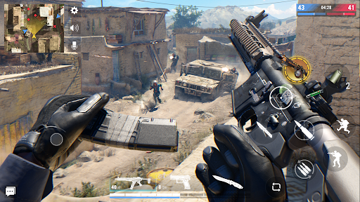 An intense and action-packed FPS battle scene with characters in combat gear, showcasing the high-energy and immersive experience of Modern Strike Online.