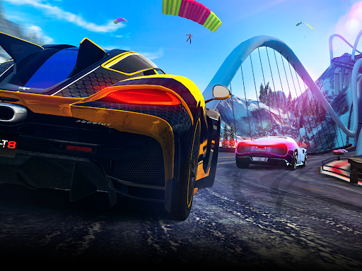 A thrilling race with exotic cars zooming through vibrant landscapes, capturing the excitement and speed of Asphalt 8.