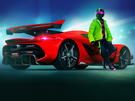 A thrilling race with exotic cars zooming through vibrant landscapes, capturing the excitement and speed of Asphalt 8.