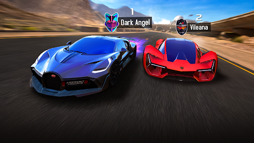 A thrilling race with exotic cars zooming through vibrant landscapes, capturing the excitement and speed of Asphalt 8.