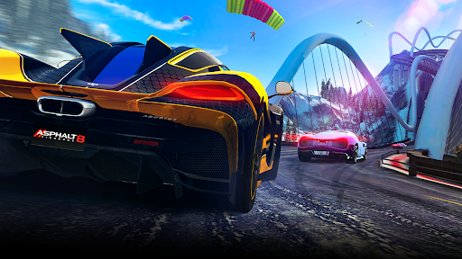 A thrilling race with exotic cars zooming through vibrant landscapes, capturing the excitement and speed of Asphalt 8.