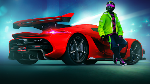 A thrilling race with exotic cars zooming through vibrant landscapes, capturing the excitement and speed of Asphalt 8.