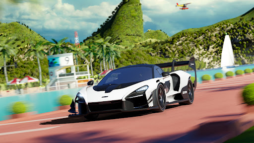 A thrilling race with exotic cars zooming through vibrant landscapes, capturing the excitement and speed of Asphalt 8.