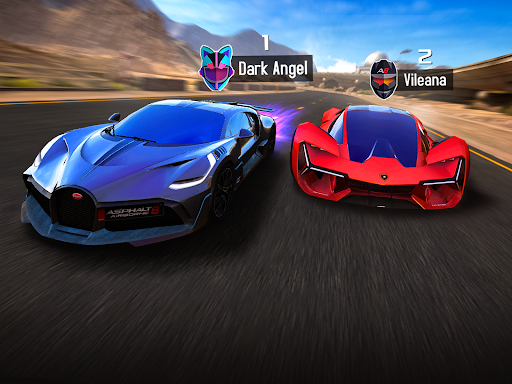 A thrilling race with exotic cars zooming through vibrant landscapes, capturing the excitement and speed of Asphalt 8.