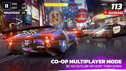 A thrilling racing scene with a high-speed car on a scenic track, capturing the excitement and adrenaline of Asphalt 9.