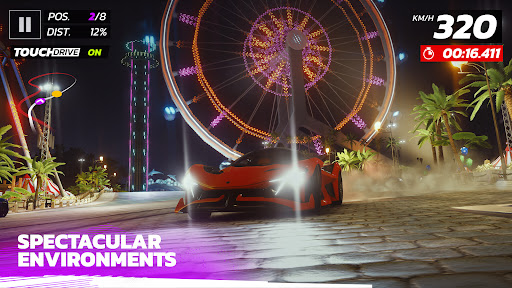 A thrilling racing scene with a high-speed car on a scenic track, capturing the excitement and adrenaline of Asphalt 9.