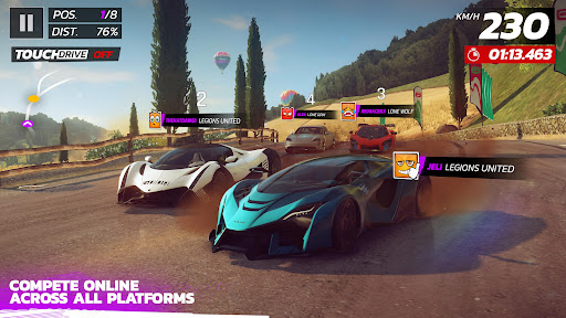 A thrilling racing scene with a high-speed car on a scenic track, capturing the excitement and adrenaline of Asphalt 9.