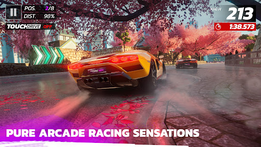 A thrilling racing scene with a high-speed car on a scenic track, capturing the excitement and adrenaline of Asphalt 9.