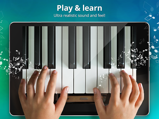 A vibrant depiction of a person joyfully playing a digital piano on a mobile app, capturing the essence of musical exploration and creativity.