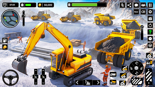 Experience the thrill of operating construction machinery in a picturesque snowy city.