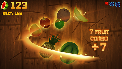 A vibrant and energetic depiction of a ninja slicing colorful fruits, expressing excitement and agility.