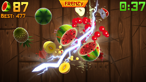 A vibrant and energetic depiction of a ninja slicing colorful fruits, expressing excitement and agility.