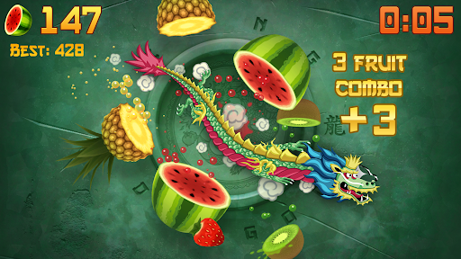 A vibrant and energetic depiction of a ninja slicing colorful fruits, expressing excitement and agility.