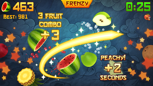 A vibrant and energetic depiction of a ninja slicing colorful fruits, expressing excitement and agility.