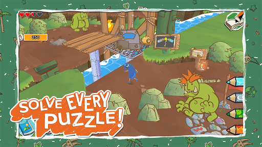 A lively, imaginative stickman hero drawn by a player, surrounded by colorful, whimsical landscapes, embodying creativity and adventure.