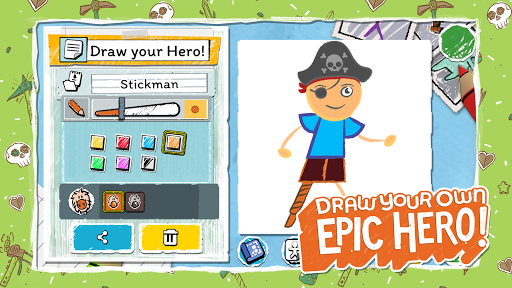 A lively, imaginative stickman hero drawn by a player, surrounded by colorful, whimsical landscapes, embodying creativity and adventure.