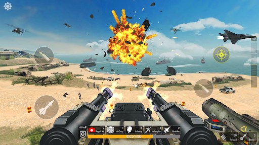 An exhilarating battlefield scene from the Beach Head game, capturing the intense action and strategic defense elements.