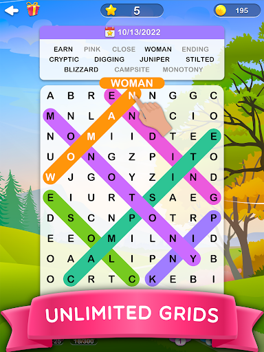 A vibrant and engaging word puzzle capturing the excitement and challenge of discovering hidden words in a grid of letters.