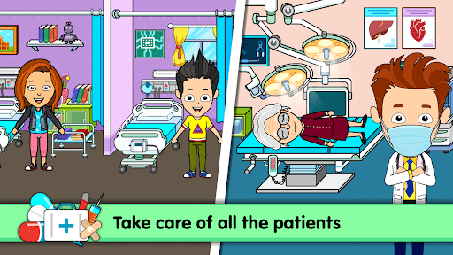 A vibrant and colorful digital illustration of children playing doctor in a hospital setting, capturing the essence of creativity, learning, and fun.