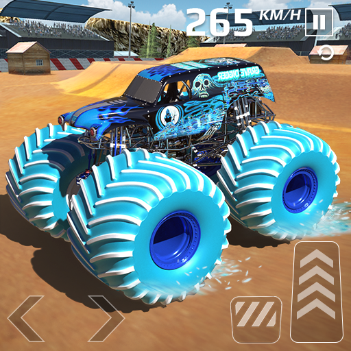 An exhilarating moment of a monster truck soaring through the air, capturing the thrill and excitement of a high-speed stunt in a stunning 3D racing game.