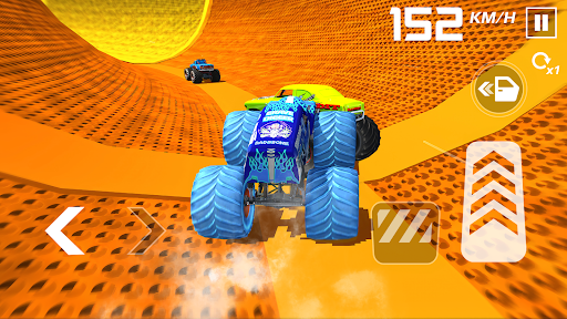 An exhilarating moment of a monster truck soaring through the air, capturing the thrill and excitement of a high-speed stunt in a stunning 3D racing game.