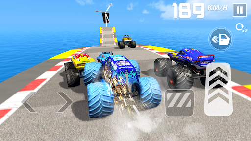 An exhilarating moment of a monster truck soaring through the air, capturing the thrill and excitement of a high-speed stunt in a stunning 3D racing game.