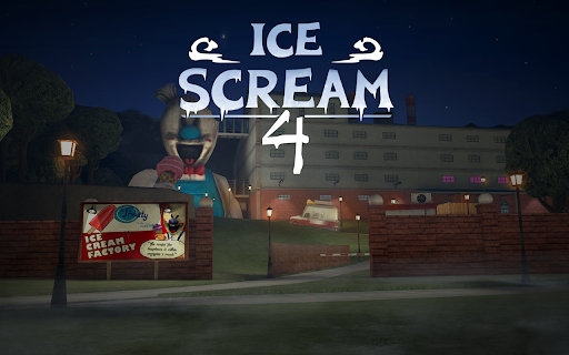 A chilling scene from Ice Scream 4, evoking a sense of suspense and mystery as players navigate through a dark, eerie factory.