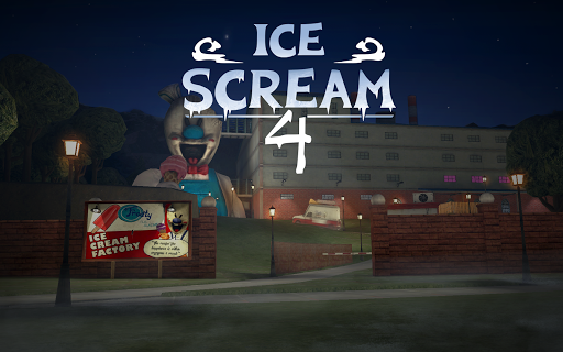 A chilling scene from Ice Scream 4, evoking a sense of suspense and mystery as players navigate through a dark, eerie factory.