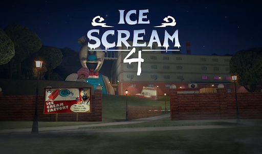 A chilling scene from Ice Scream 4, evoking a sense of suspense and mystery as players navigate through a dark, eerie factory.