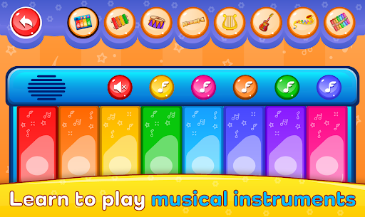 A joyful child playing on a colorful piano app, symbolizing the blend of fun and education in music games.