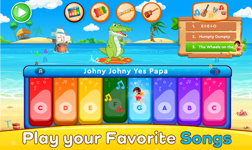 A joyful child playing on a colorful piano app, symbolizing the blend of fun and education in music games.